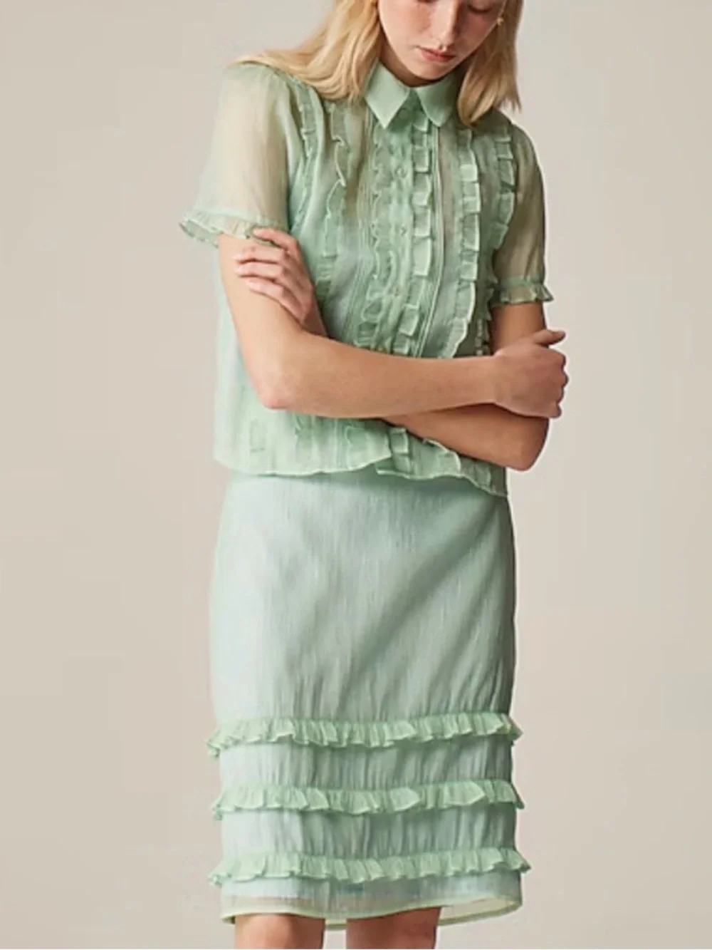 J Crew Mint Green Ruffle Two-Piece Dress Set